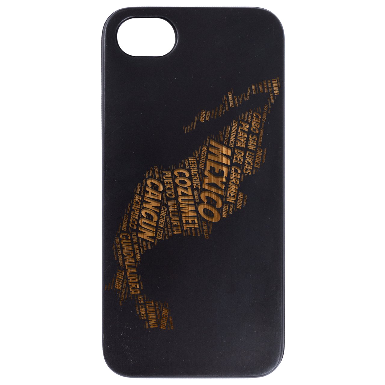 Mexico Word Cloud - Engraved wooden phone case showcasing intricate design and natural wood finish.